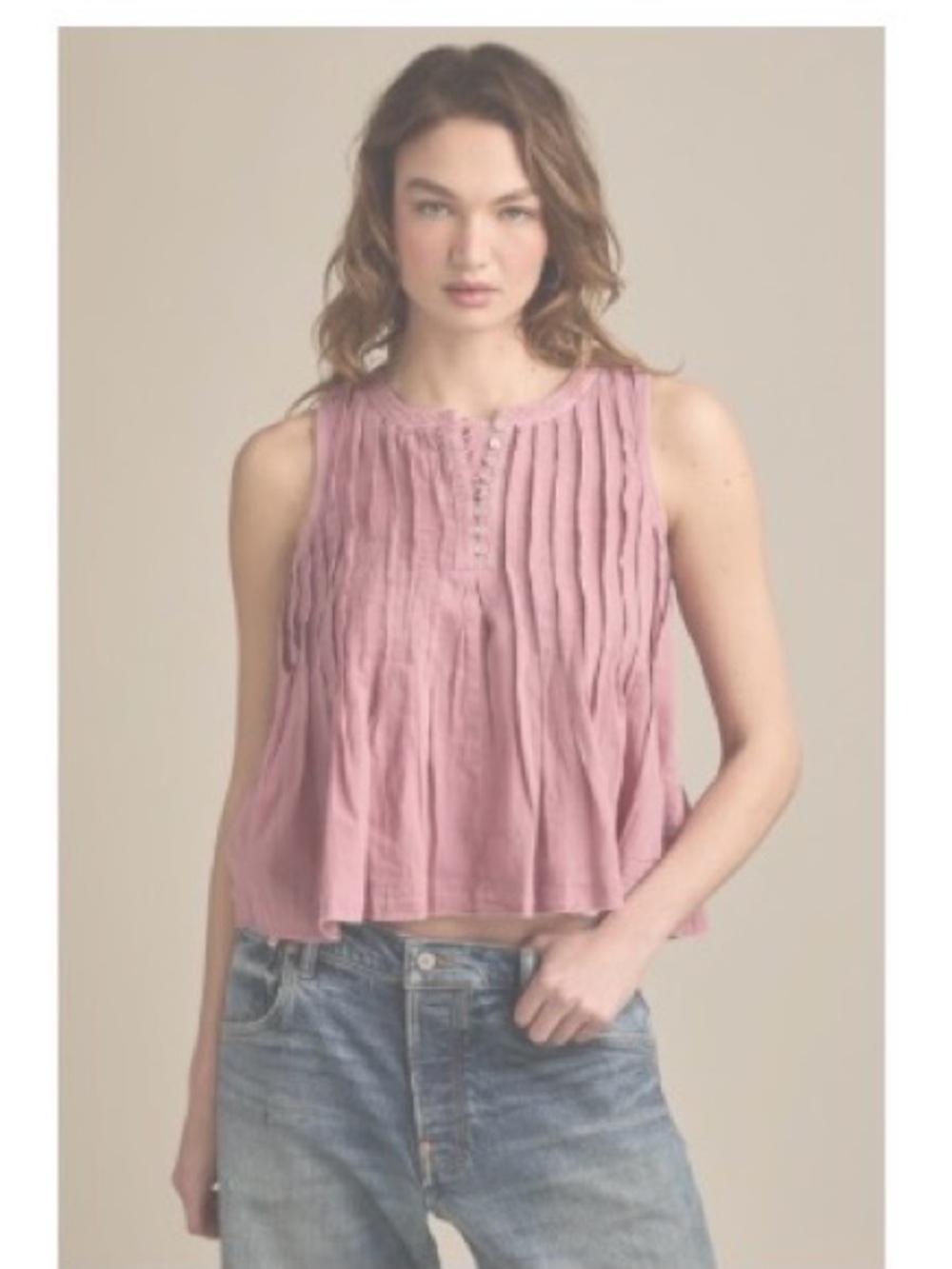 Lucky Brand Sleeveless Pink Pleated Henley Tank